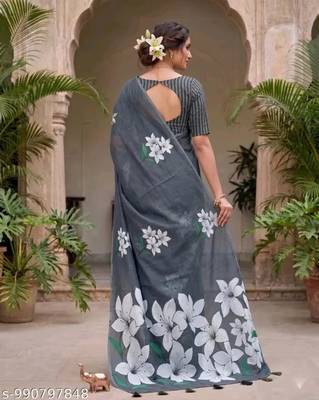 Black colour leaf digital printed linen cotton saree with jhalar 2