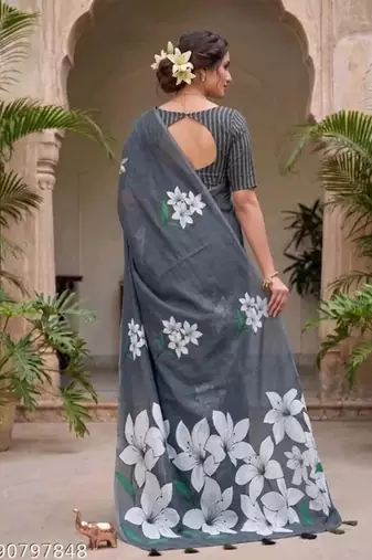 Black colour leaf digital printed linen cotton saree with jhalar