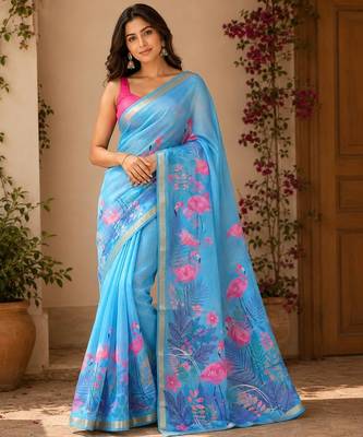 Blue colour leaf digital printed linen cotton saree 1