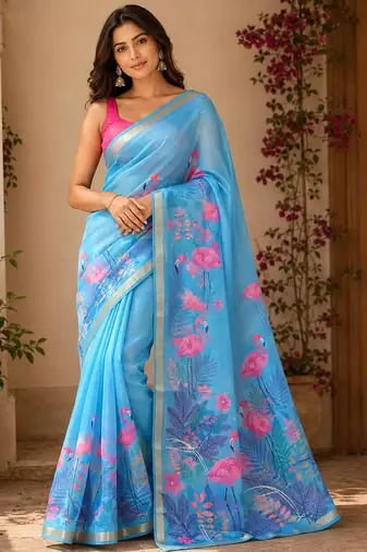 Blue colour leaf digital printed linen cotton saree