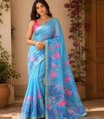 Blue colour leaf digital printed linen cotton saree