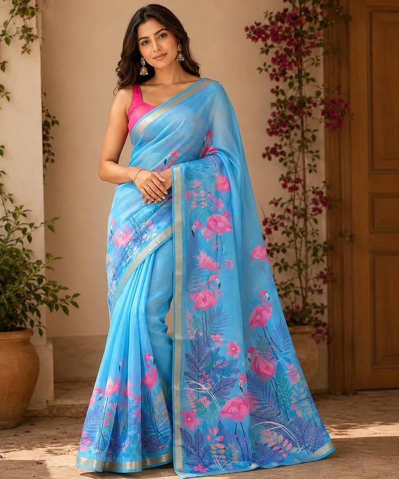 Blue colour leaf digital printed linen cotton saree