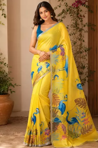Yellow colour leaf digital printed linen cotton saree