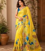 Yellow colour leaf digital printed linen cotton saree