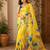 Yellow colour leaf digital printed linen cotton saree