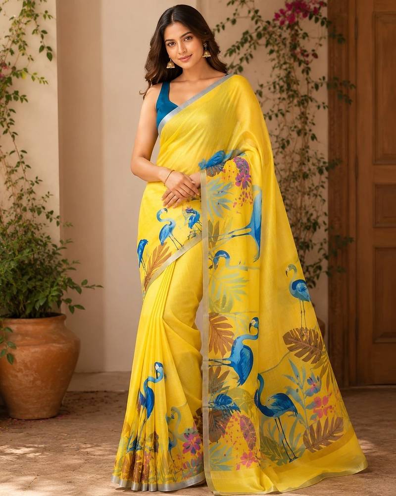 Yellow colour leaf digital printed linen cotton saree