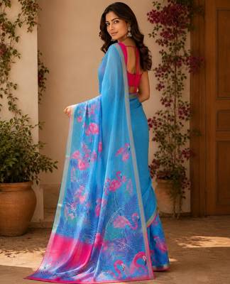 Blue colour leaf digital printed linen cotton saree 2