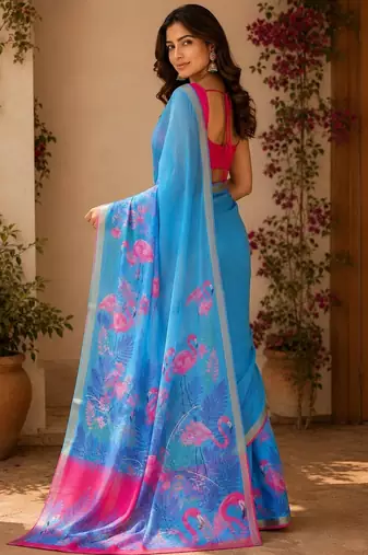Blue colour leaf digital printed linen cotton saree