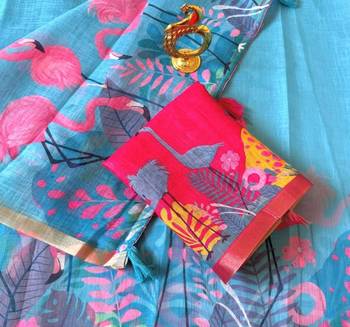 Blue colour leaf digital printed linen cotton saree 3
