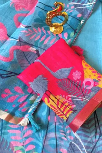 Blue colour leaf digital printed linen cotton saree