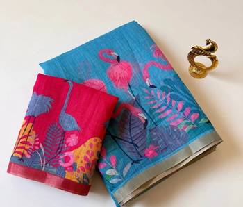 Blue colour leaf digital printed linen cotton saree 4