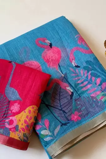 Blue colour leaf digital printed linen cotton saree