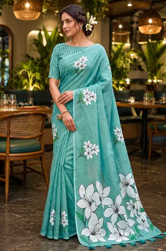 Sky blue colour leaf digital printed linen cotton saree with jhalar