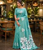 Sky blue colour leaf digital printed linen cotton saree with jhalar
