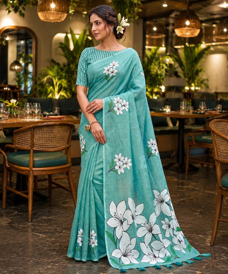 Sky blue colour leaf digital printed linen cotton saree with jhalar