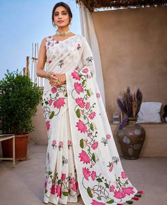 White colour leaf digital printed linen cotton saree with jhalar 2