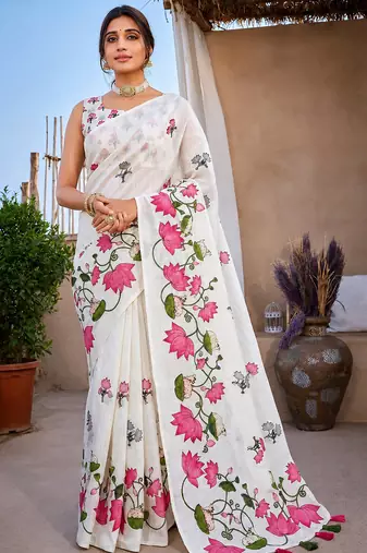 White colour leaf digital printed linen cotton saree with jhalar