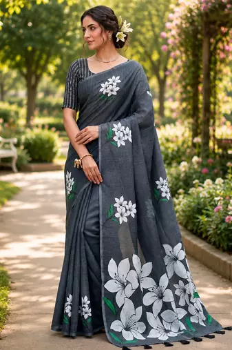 Black colour leaf digital printed linen cotton saree with jhalar