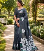 Black colour leaf digital printed linen cotton saree with jhalar