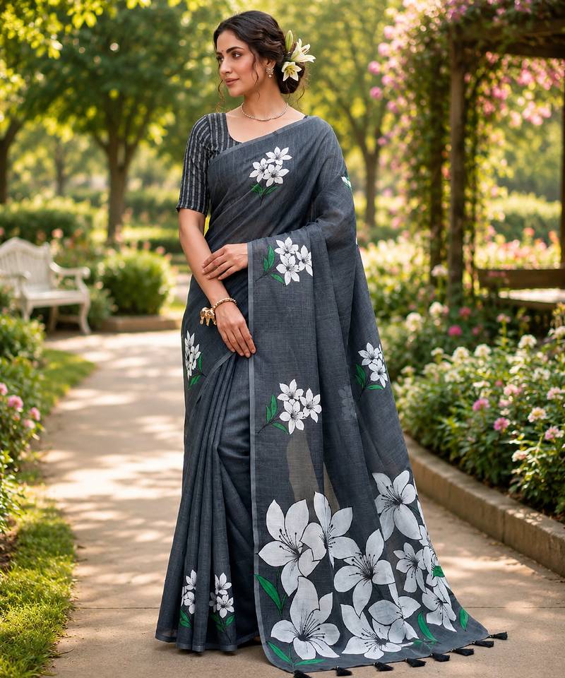 Black colour leaf digital printed linen cotton saree with jhalar