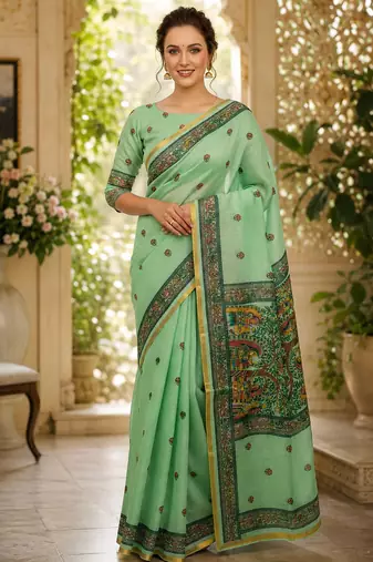 Green colour leaf digital printed linen cotton saree with jhalar