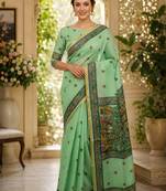 Green colour leaf digital printed linen cotton saree with jhalar
