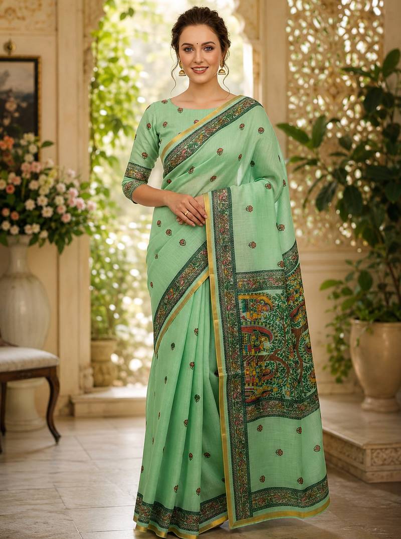 Green colour leaf digital printed linen cotton saree with jhalar