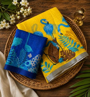 Yellow colour leaf digital printed linen cotton saree 2