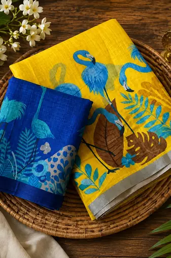 Yellow colour leaf digital printed linen cotton saree