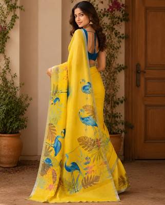 Yellow colour leaf digital printed linen cotton saree 3
