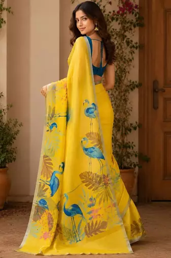 Yellow colour leaf digital printed linen cotton saree