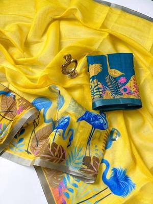 Yellow colour leaf digital printed linen cotton saree 4