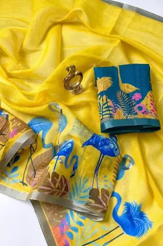 Yellow colour leaf digital printed linen cotton saree