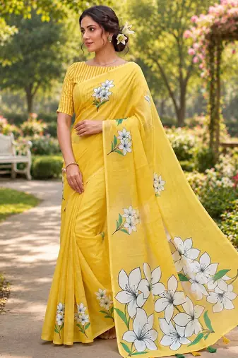 Yellow colour leaf digital printed linen cotton saree with jhalar