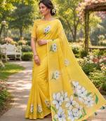 Yellow colour leaf digital printed linen cotton saree with jhalar