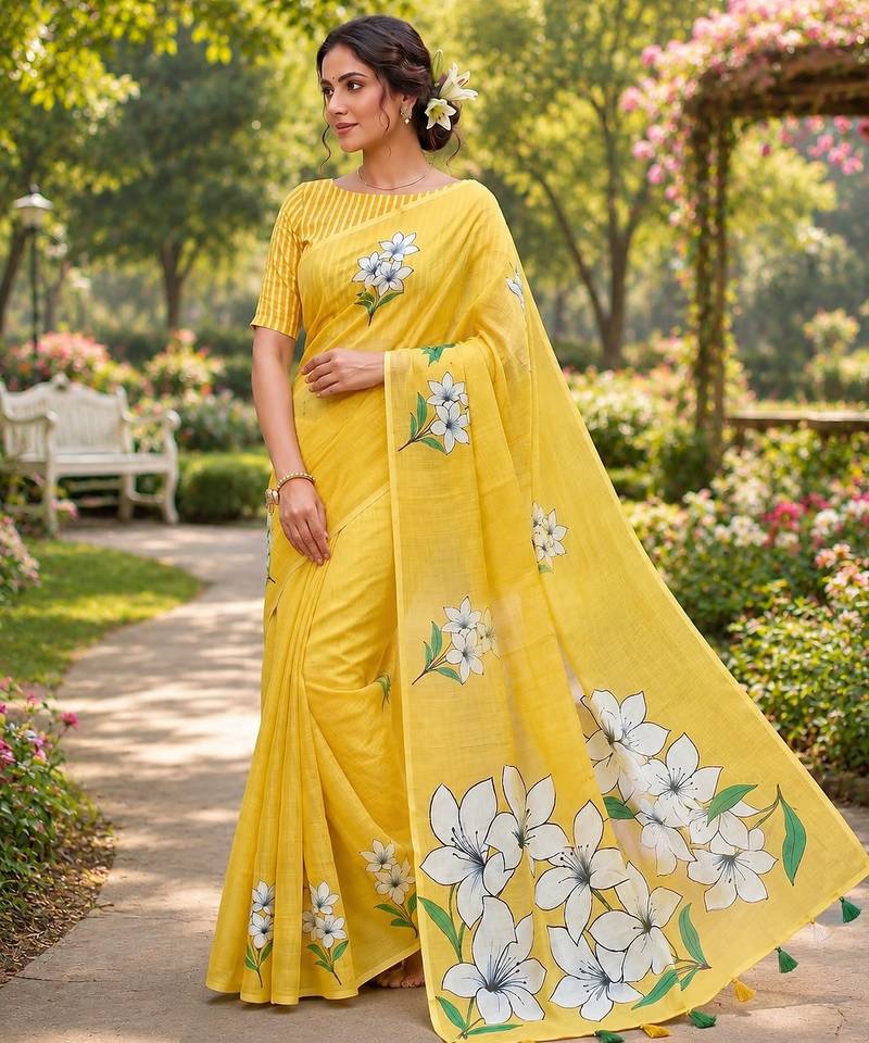 Yellow colour leaf digital printed linen cotton saree with jhalar