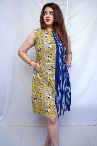 Indigo Bagru Handblock Printed Cotton Boat Neck kurti