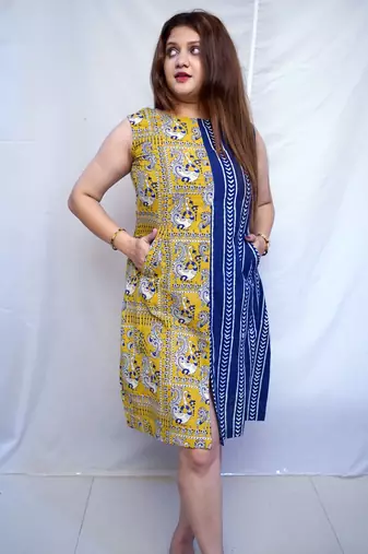Indigo Bagru Handblock Printed Cotton Boat Neck kurti