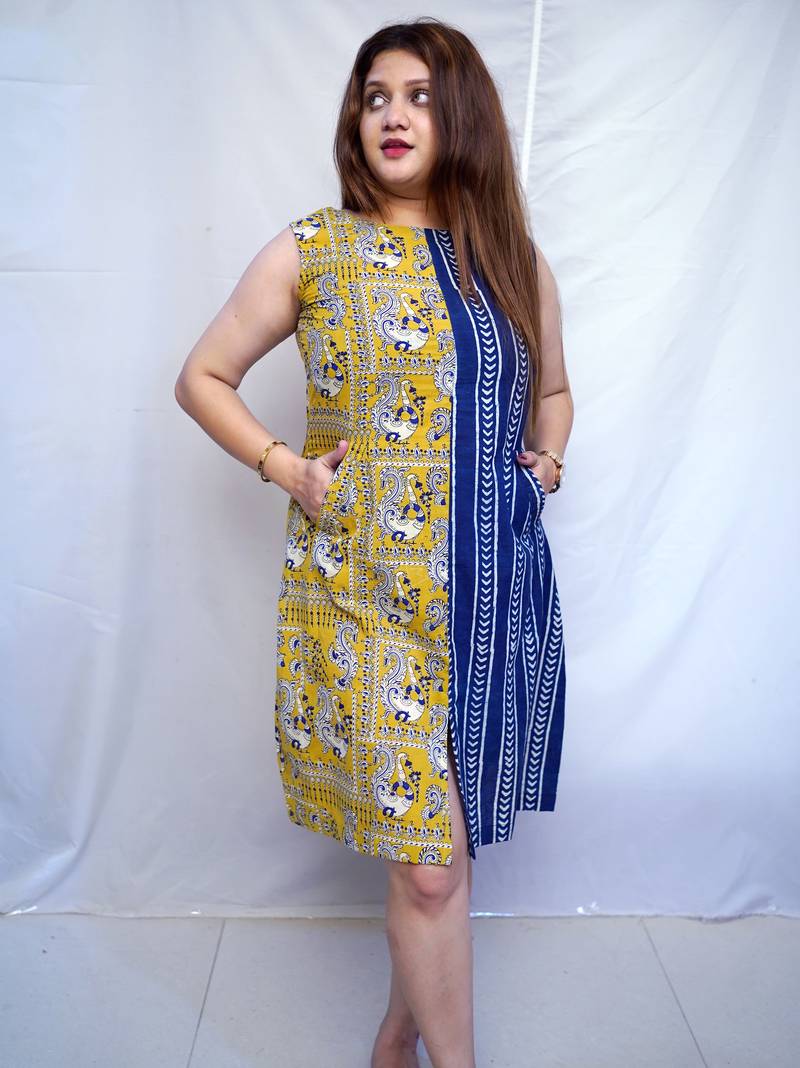 Indigo Bagru Handblock Printed Cotton Boat Neck kurti
