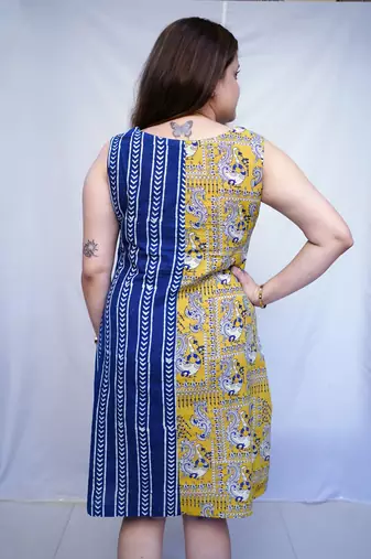 Indigo Bagru Handblock Printed Cotton Boat Neck kurti