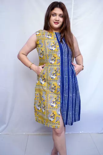Indigo Bagru Handblock Printed Cotton Boat Neck kurti