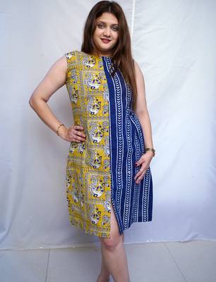 Indigo Bagru Handblock Printed Cotton Boat Neck kurti 4