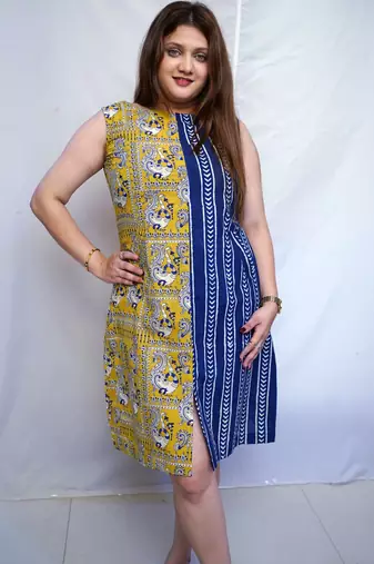 Indigo Bagru Handblock Printed Cotton Boat Neck kurti