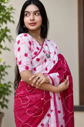 Pink colour leaf digital printed linen cotton saree