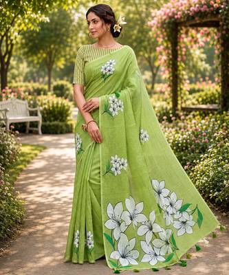 Green colour leaf digital printed linen cotton saree with jhalar 1