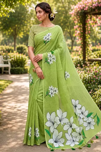 Green colour leaf digital printed linen cotton saree with jhalar