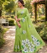 Green colour leaf digital printed linen cotton saree with jhalar
