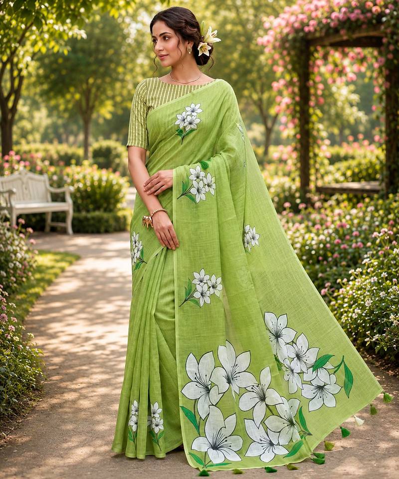 Green colour leaf digital printed linen cotton saree with jhalar