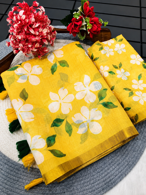 Yellow colour leaf digital printed linen cotton saree with jhalar 1