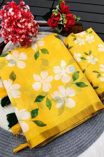 Yellow colour leaf digital printed linen cotton saree with jhalar